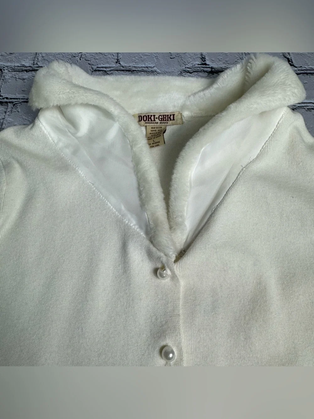 Vtg Y2K Doki Geki Ivory Button Cardigan Faux Fur Collar Winter Coquette Size L